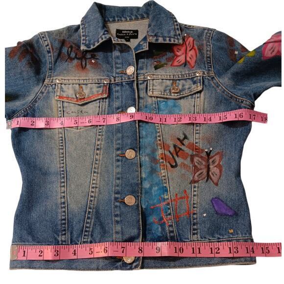 VINTAGE 90s Y2K Jean Jacket Painted Denim Butterflies‎ Artsy Studs Faded Small - Picture 11 of 14